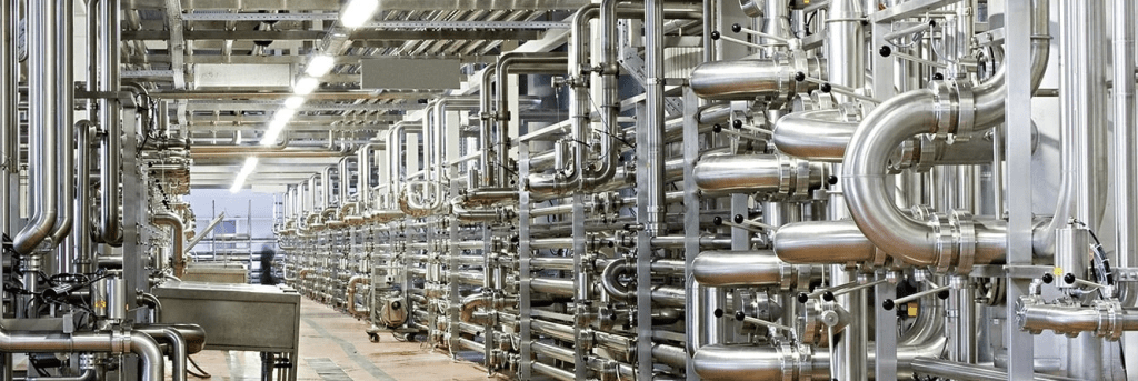 Food plant with stainless steel sanitary piping that would need to be cleaned using the clean in place CIP method